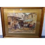 Samuel John Hodson (1836-1908), Horses and grooms in a stable yard, watercolour, signed, 40cm x 54.