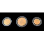 A Royal Mint gold proof sovereign three coin set,