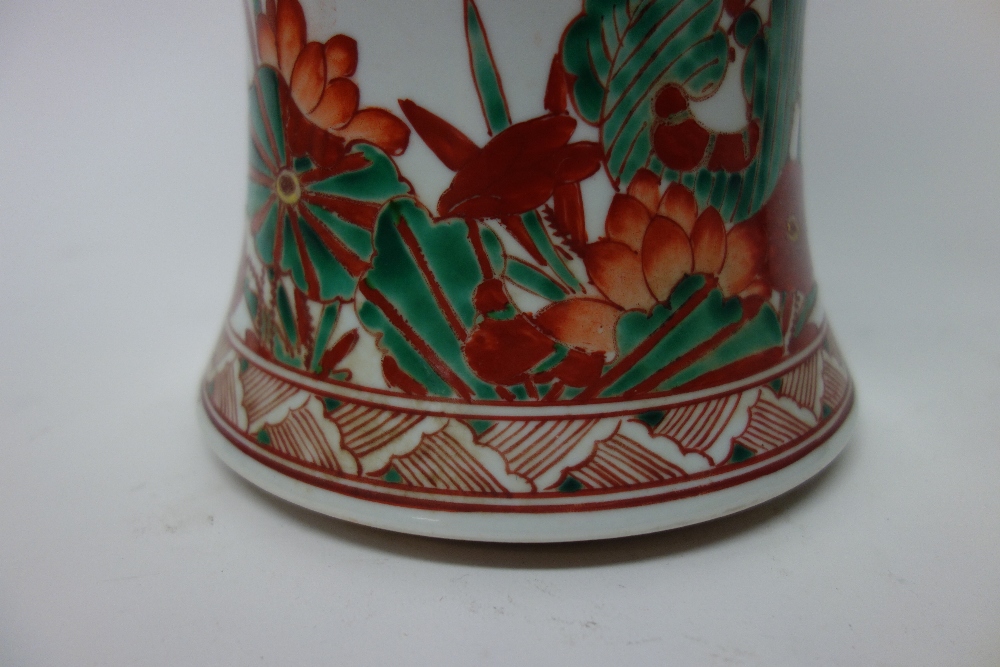A Chinese beaker vase (gu), painted in a famille-verte palette with birds amongst flowering shrubs, - Image 3 of 4