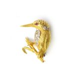 An 18ct gold, diamond and red gem set brooch, designed as a kingfisher on a branch,