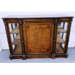 A Victorian gilt metal mounted figured walnut ebonised breakfront credenza/folio cabinet,