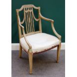 A George III later painted open armchair, on tapering square supports, 89cm high x 55cm wide.