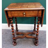 A 17th century style oyster veneered drop flap side table, on barleytwist supports,