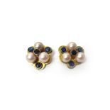 A pair of gold, cultured pearl and sapphire set earclips, each of trefoil form,