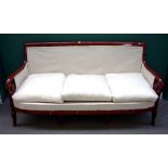 A 19th century French mahogany salon suite, comprising; a bowfront sofa with shepherd's crook arms,