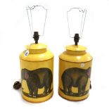 A pair of modern tôle peinte table lamps, each of circular tea canister form,