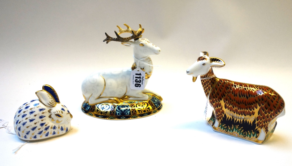 Three Royal Crown Derby Imari paperweights, comprising; The White Hart by Louise Adams,