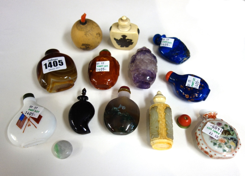 A group of twelve Chinese snuff bottles, 19th/20th century, various materials,