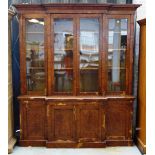 A Victorian pollard oak breakfront bookcase display cabinet on plinth base,