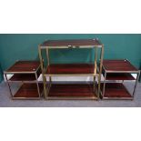 A 20th century lacquered brass and hardwood three tier etagere, 77cm wide x 84cm high,