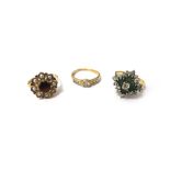 A gold, diamond and emerald set cluster ring,