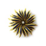 A gold, blue enamelled and diamond set brooch, designed as a flowerhead,