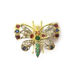 A gold and silver set, rose diamond, ruby, sapphire and emerald set brooch,