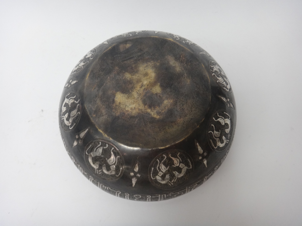 A Syrian silver inlaid brass bowl, possibly Raqqa 14th century or later, - Image 3 of 3