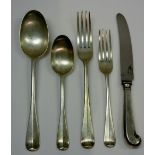 Silver Hanoverian pattern table flatware, comprising; six tablespoons, four table forks,
