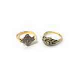 A gold and diamond set nine stone lozenge shaped cluster ring, mounted with circular cut diamonds,