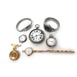 A lady's gold cased, keyless wind, openfaced fob watch, with a gilt jewelled lever movement,