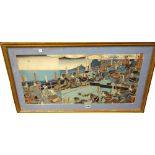 Utagawa school, two triptychs, each depicting warriors on a boat, 34cm.by 72cm., framed and glazed.