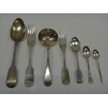 Silver fiddle pattern table flatware, comprising; seven tablespoons, nine dessert spoons,