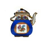 A Meissen style porcelain teapot and cover of square bulbous form,