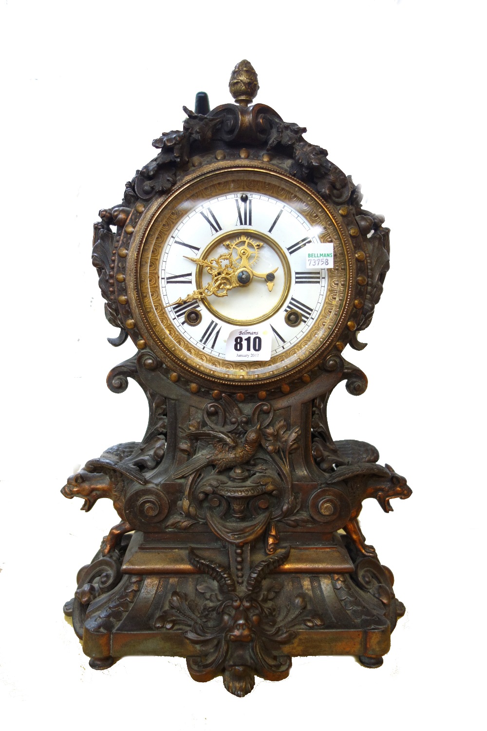 A Continental bronzed metal mounted clock, late 19th century/early 20th century,