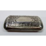 A Victorian silver snuff box of rounded rectangular form, with all over engraved scroll decoration,