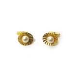 A pair of gold and cultured pearl cufflinks, the front of each mounted with a single cultured pearl,