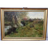 English School (early 20th century), Boy resting on a riverbank, oil on canvas, indistinctly signed,