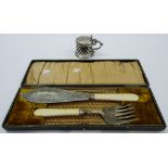 A silver fish slice and serving fork, with engraved decoration, Sheffield 1907 and 1908,