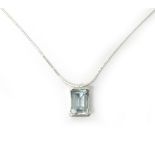 An aquamarine single stone pendant necklace, mounted with a rectangular step cut aquamarine,