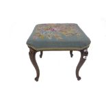 A Victorian rosewood dressing stool, with square needlework seat, on cabriole legs, 42cm.