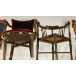 A 20th century purple upholstered open armchair and a mahogany corner chair.