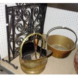 A helmet shaped brass coal scuttle, a copper pan with handle, and a fire screen (3).