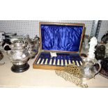 A small quantity of silver plated wares, including cased flatware, a tea set and sundry, (qty).