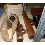 A quantity of carpentry tools contained in a canvas bag, and a box including two large planes,