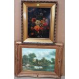 Two oleographs, including a floral still life and a view of Flatford Mill bearing a signature,