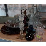 A quantity of mainly 20th century glass, including candlesticks, bowls, decanters and sundry (qty).