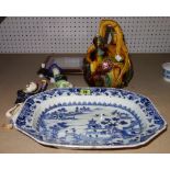 A group of ceramics, including; a blue and white serving dish, a Majolica water carrier,