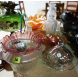 A Victorian brass and glass oil lamp with floral decoration,