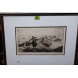 J** M** (early 20th century), Taking in the catch, etching, indistinctly signed, 16cm x 27.5cm.