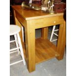 A modern oak square two tier kitchen island unit, on block supports, 70cm wide.