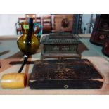 A copper lift top box, a Whitefriars type glass jug, a cased set of drawing implements,
