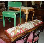 Two green painted children's chairs, a long mahogany 19th century footstool and another stool. (4).