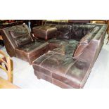 A brown leather corner sofa, with a matching armchair and pouffe (3).