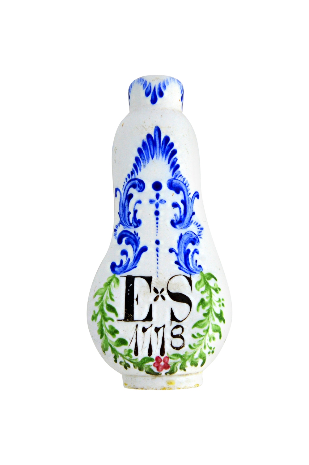 A rare white opaque glass scent bottle dated 1778, probably Beilby, Newcastle-upon-Tyne,