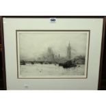 William Lionel Wyllie (1850-1931), The Thames at Westminster, etching with drypoint,