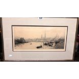 William Lionel Wyllie (1850-1931), River scene with cathedral beyond, etching with drypoint,