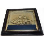 A wool-work picture of a sail and steam powered square rigged Royal Long ship,