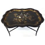A Victorian papier mache tray, of serpentine outline, mother of pearl, abalone shell,
