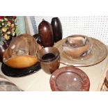 A quantity of large 20th century wooden vases, bowls and plates (qty).